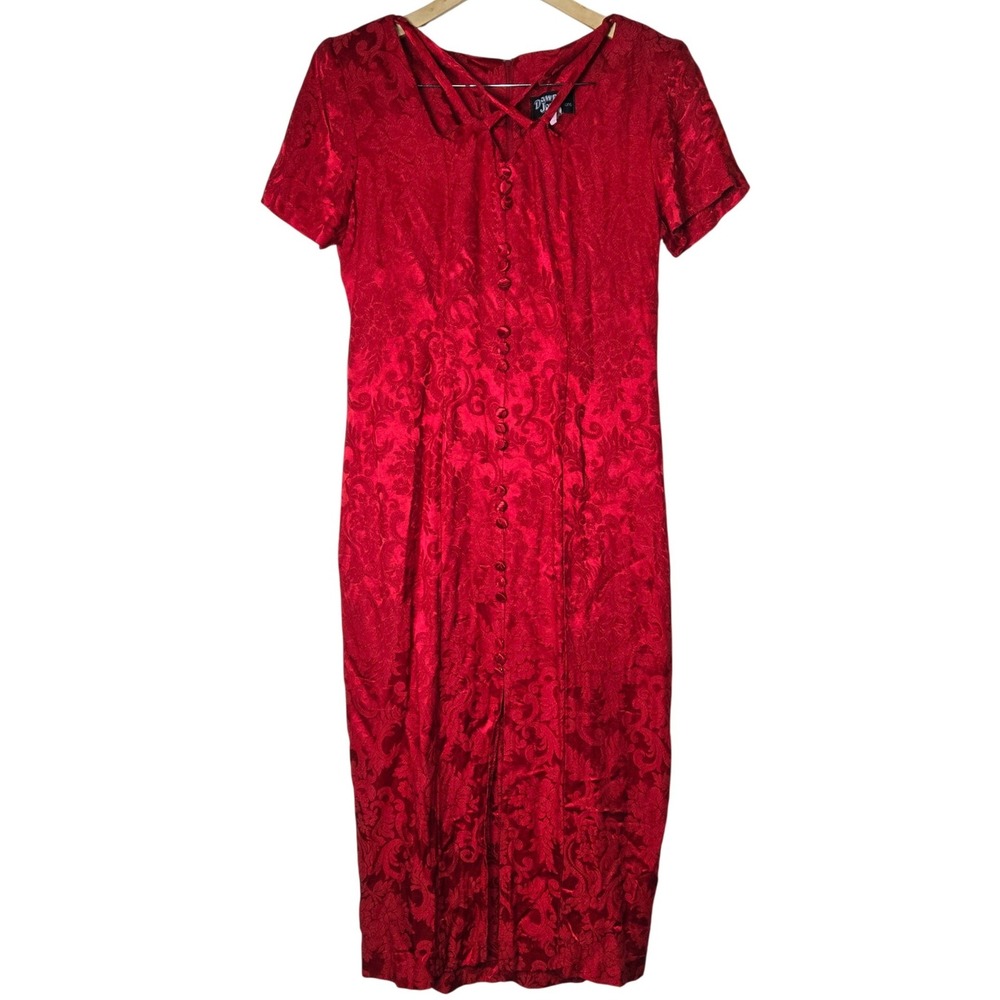 Vintage Dawn Joy Fashions Red Jacquard Midi Dress Size 11/12 Short Sleeve 90s